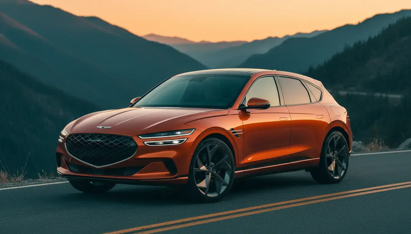 Genesis GV60 Magma 2027 performance EV SUV on a mountain road during golden hour, highlighting its aggressive design and forged wheels.