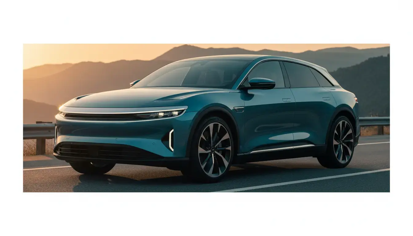 Lucid Gravity Touring 2025 electric SUV parked on a mountain highway with golden hour lighting highlighting its sleek design and LED headlights.
