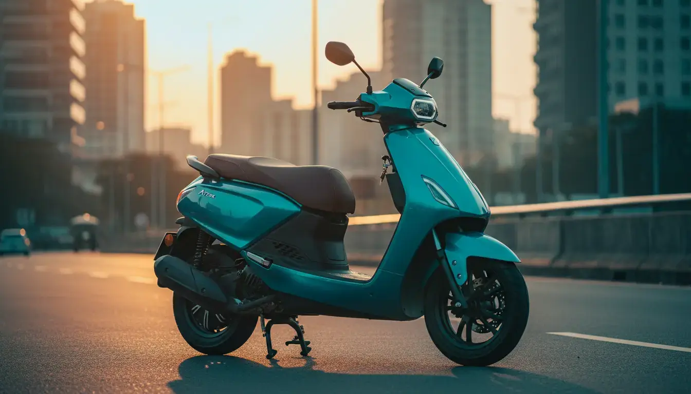 Ather Rizta EV 2025 family electric scooter parked on a city street in Colombo during golden hour, highlighting its comfortable design and spacious floorboard.