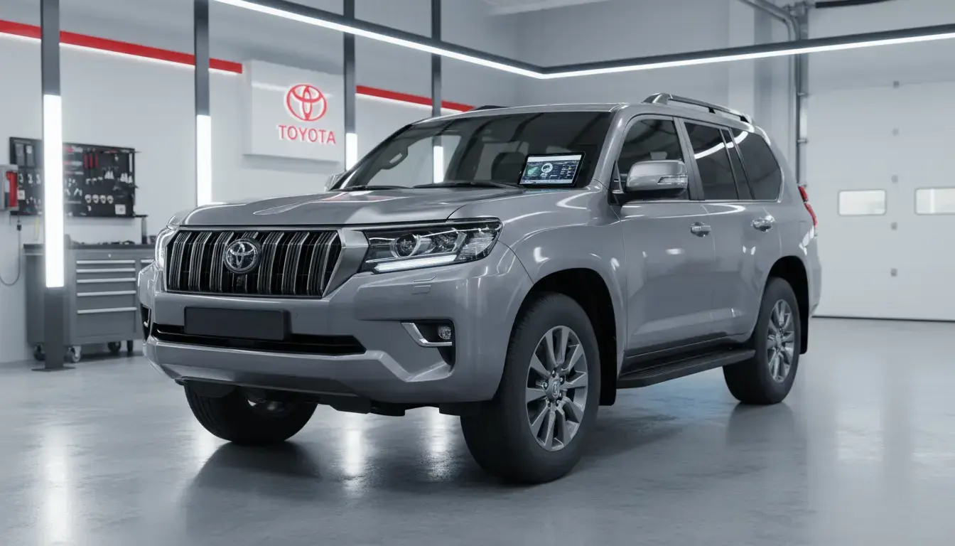 Toyota Land Cruiser 2025 parked in a dealership service bay with modern lighting, highlighting its robust design and technological maintenance.