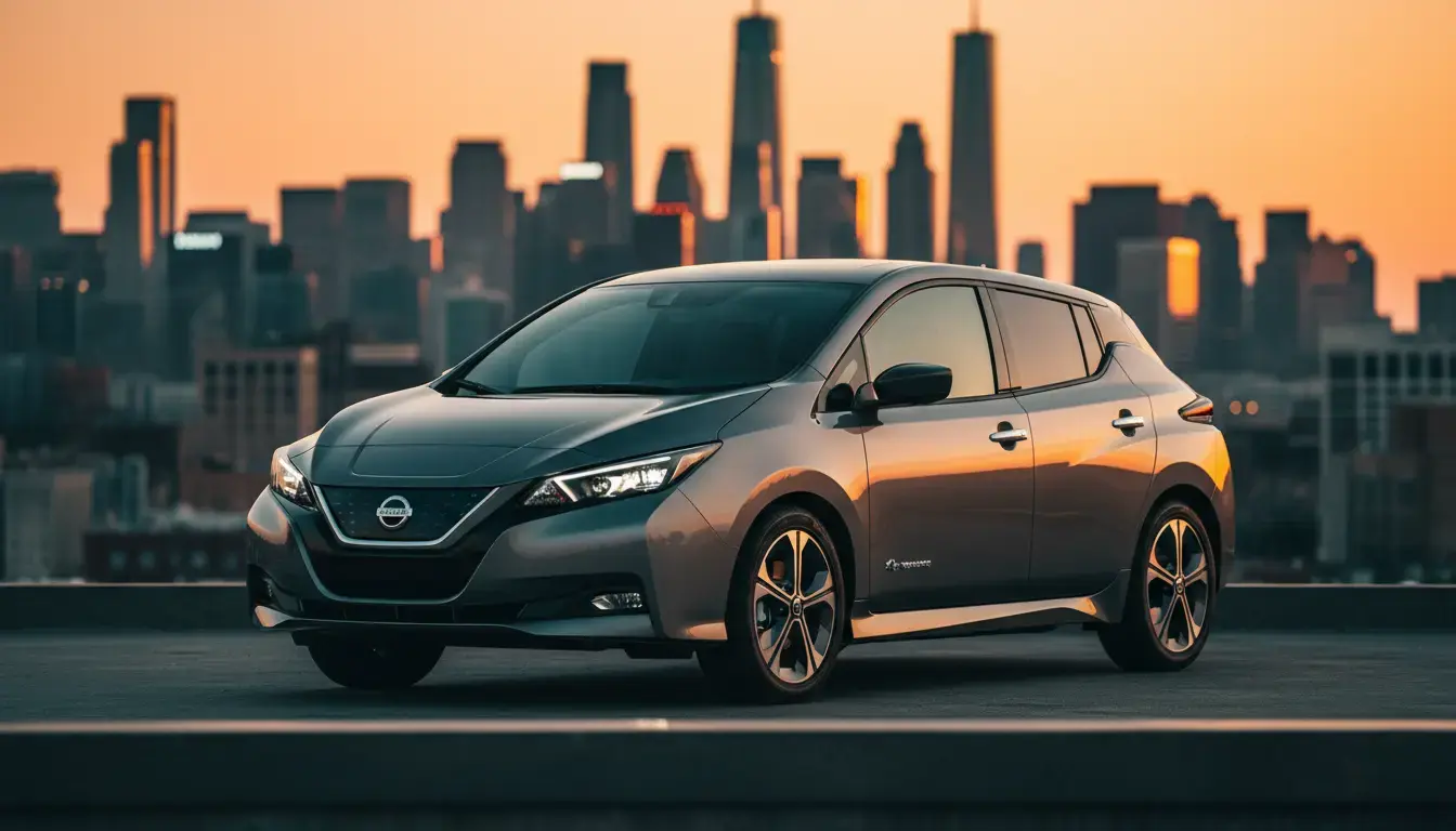 Nissan Leaf 2026 electric crossover on an urban street at golden hour, showcasing its sleek design and LED headlights.