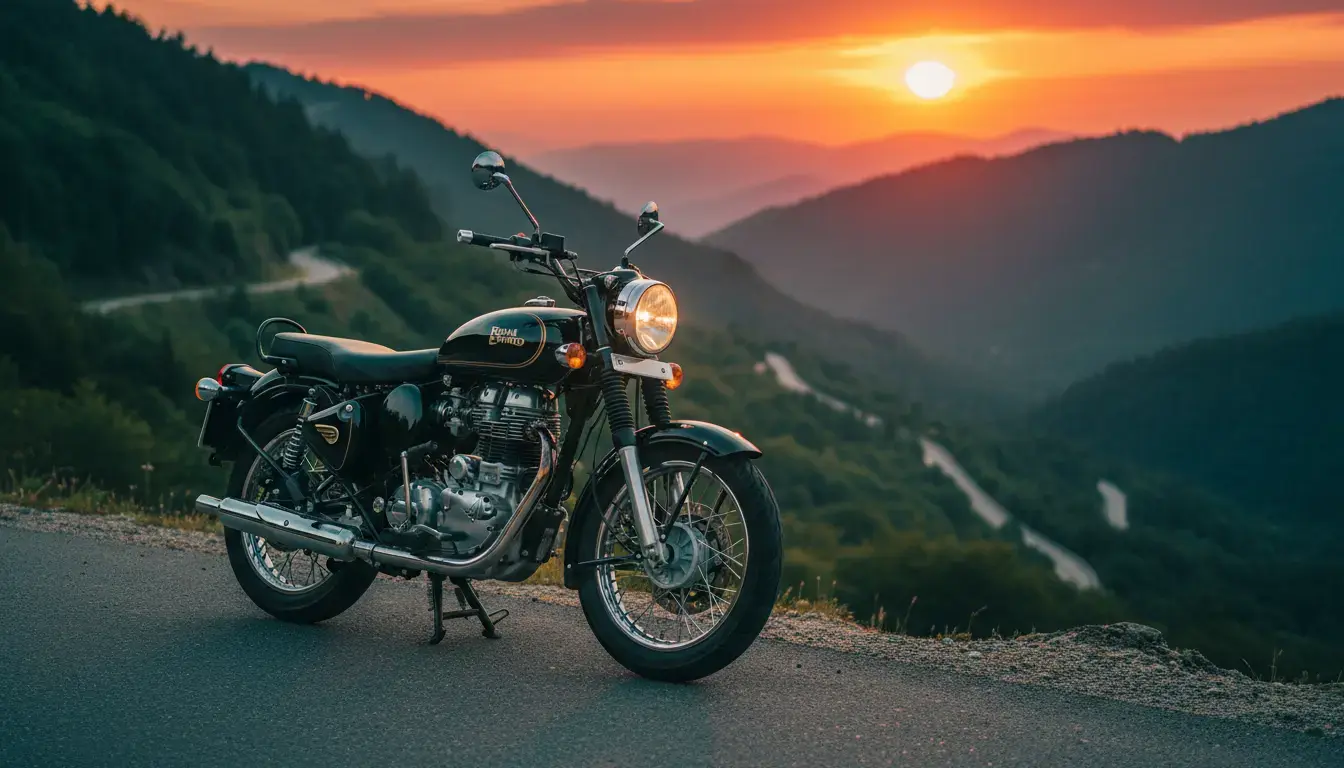 Royal Enfield Bullet 650 2025 on a mountain highway with golden hour lighting, highlighting its classic design and LED headlight.