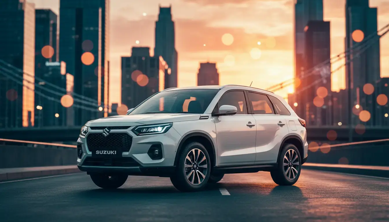 Maruti Suzuki e Vitara 2025 electric SUV with modern LED headlights, parked on an urban road with golden hour lighting