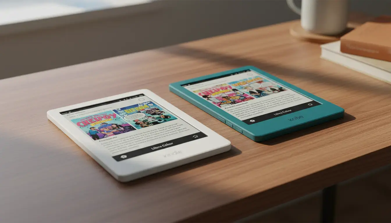 A white Kindle Colorsoft and teal Kobo Libra Colour e-readers displaying colorful graphic novel pages on a clean wooden surface.