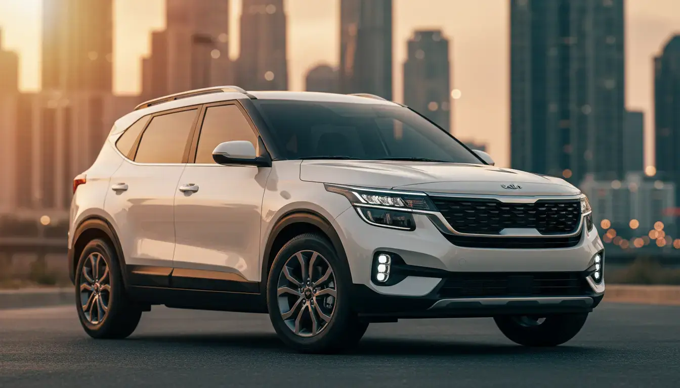 2025 Kia Seltos SUV parked on a city street at golden hour, showcasing its Ice Cube LED headlights and bold new design